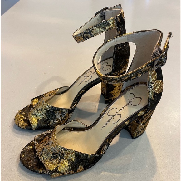 jessica simpson black and gold floral embroidered block heels - Picture 3 of 7
